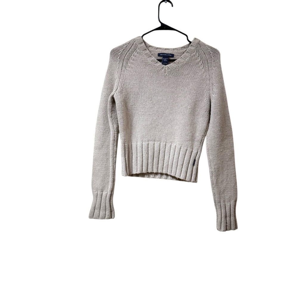 Abercrombie & Fitch Lambswool Sweater Womens Oatmeal Beige V Neck Ribbed Sz L
